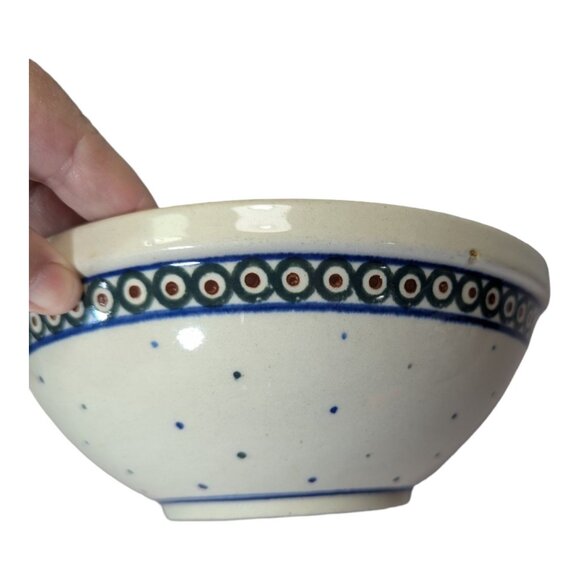 Handmade Boleslawiec Polish Pottery Bowl 7.5" Blue & White with Dotted Pattern - Picture 1 of 8
